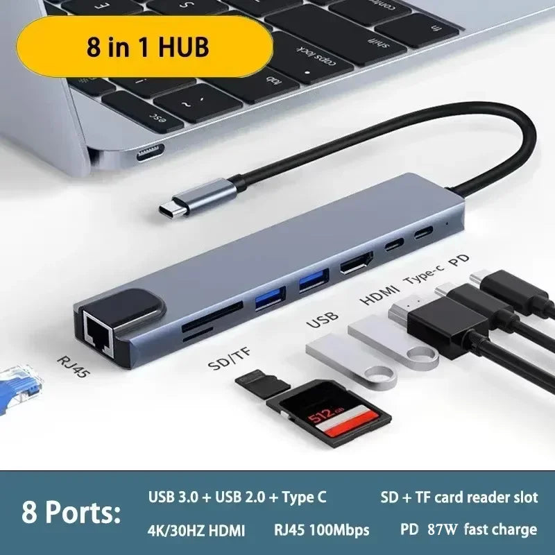 8 in 1 USB C HUB Type C Splitter with SD card reader